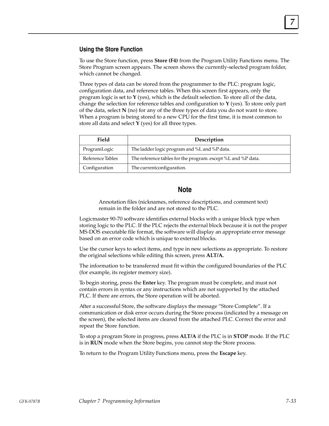 GE GFK-0787B user manual Using the Store Function, Field Description 