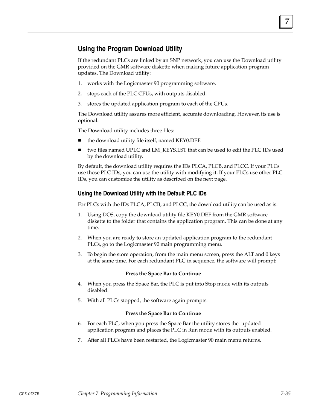 GE GFK-0787B user manual Using the Program Download Utility, Using the Download Utility with the Default PLC IDs 