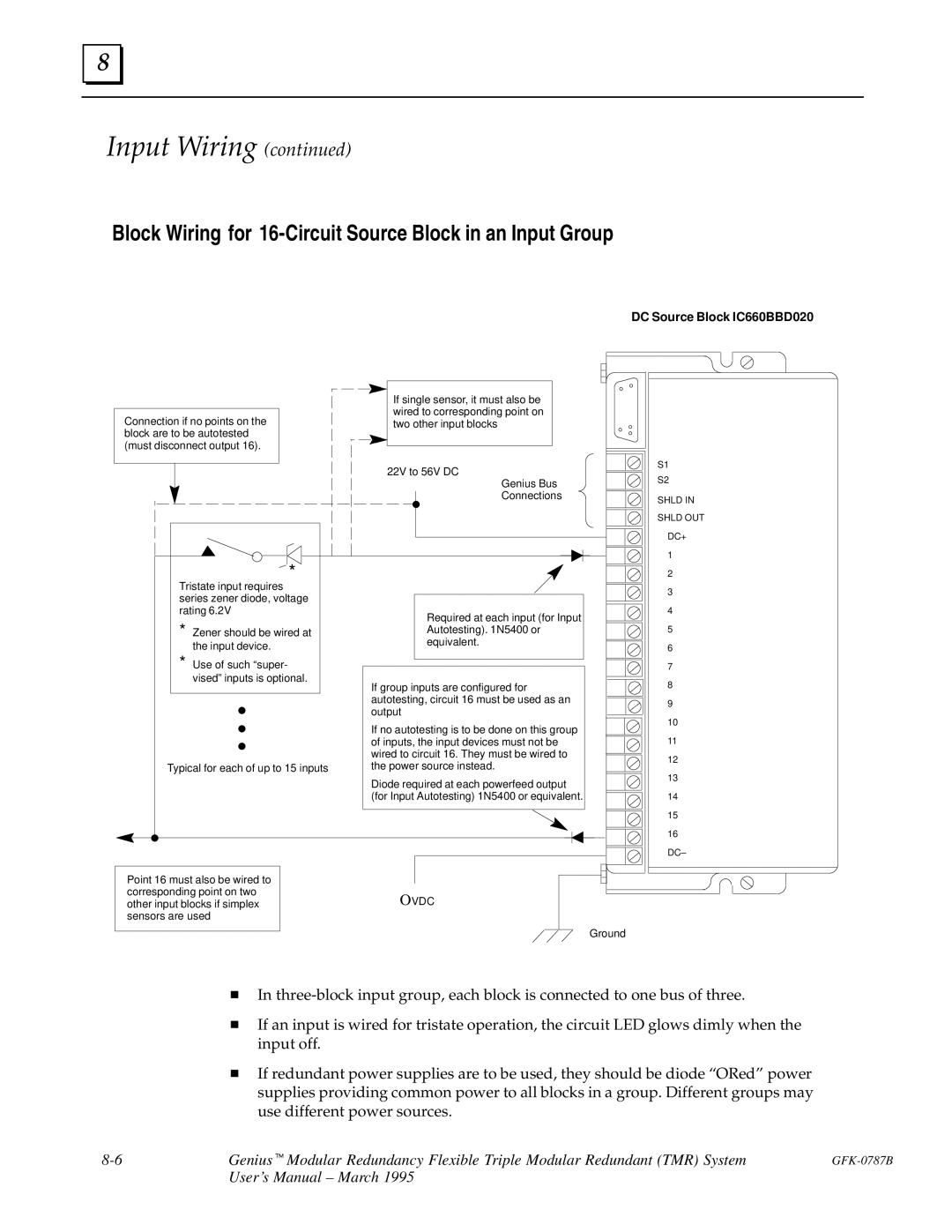 GE GFK-0787B user manual Block Wiring for 16-Circuit Source Block in an Input Group, DC Source Block IC660BBD020 