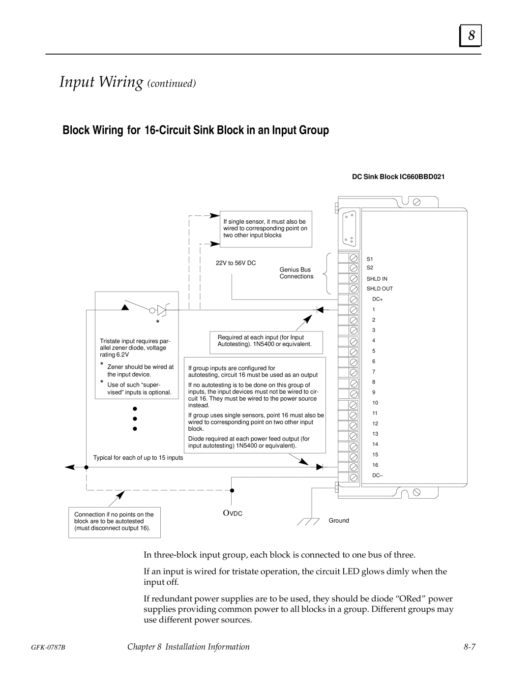 GE GFK-0787B user manual Block Wiring for 16-Circuit Sink Block in an Input Group, DC Sink Block IC660BBD021 