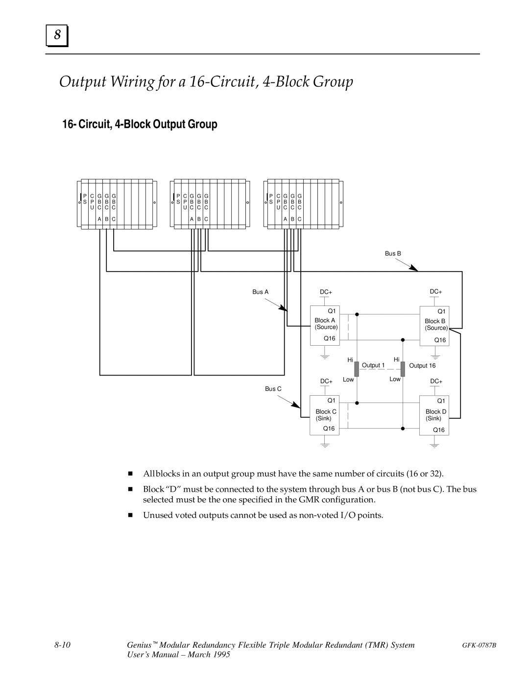 GE GFK-0787B user manual Output Wiring for a 16-Circuit, 4-Block Group, Circuit, 4-Block Output Group 