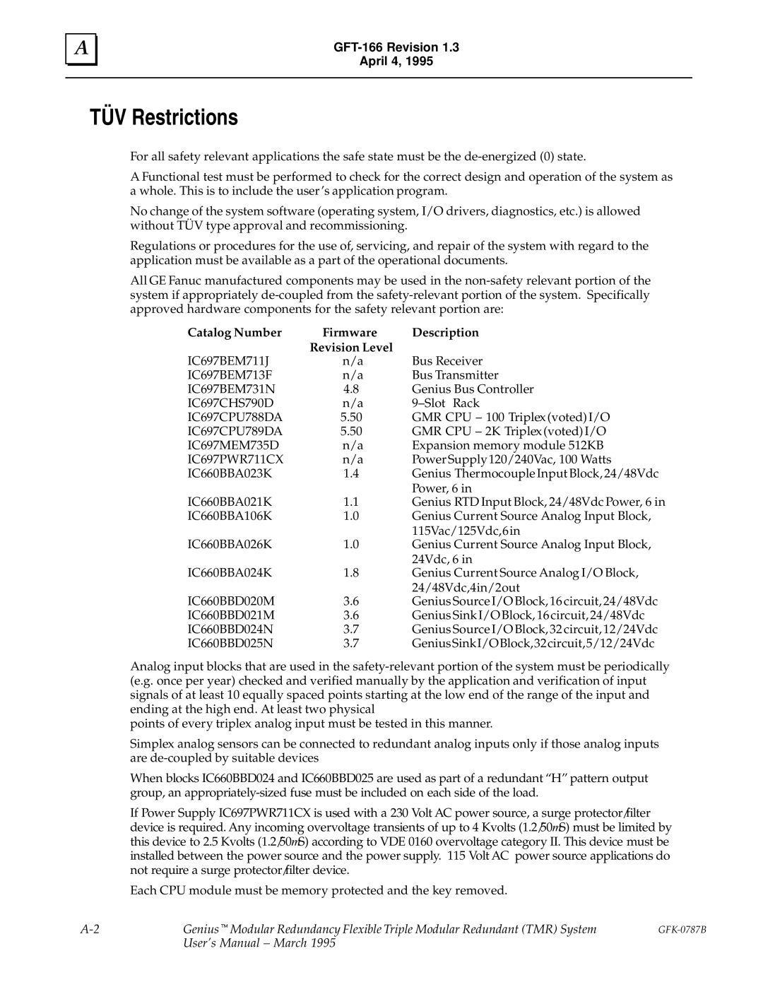 GE GFK-0787B user manual TÜV Restrictions, Catalog Number Firmware Description Revision Level 