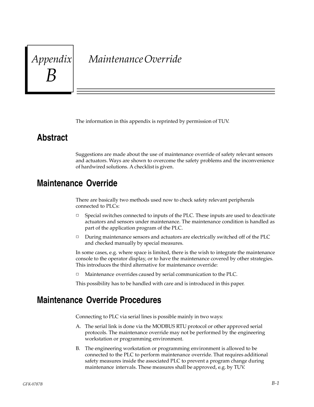 GE GFK-0787B user manual Appendix Maintenance Override 