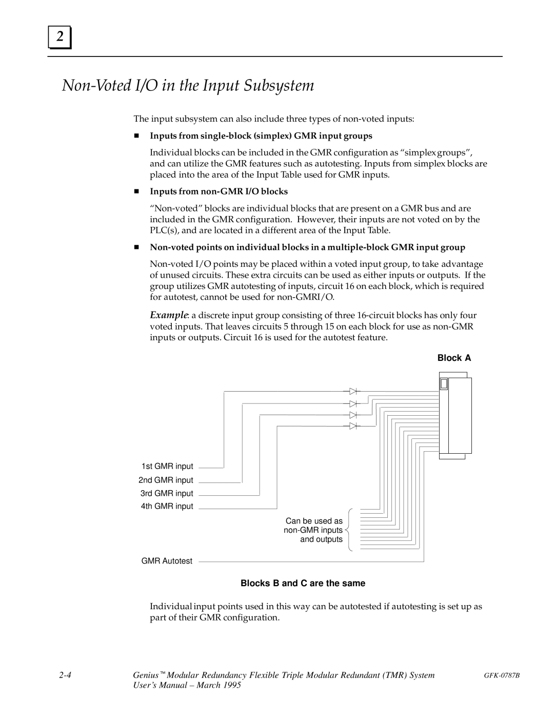 GE GFK-0787B user manual Non-Voted I/O in the Input Subsystem, Inputs from single-block simplex GMR input groups 