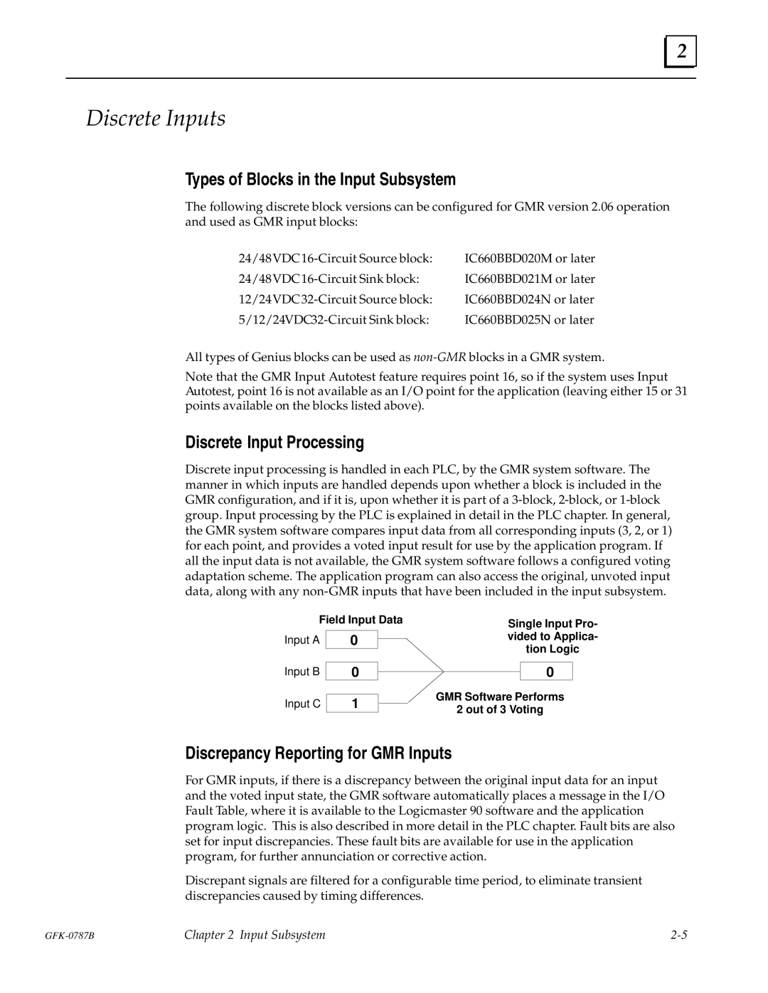 GE GFK-0787B user manual Discrete Inputs, Types of Blocks in the Input Subsystem, Discrete Input Processing 