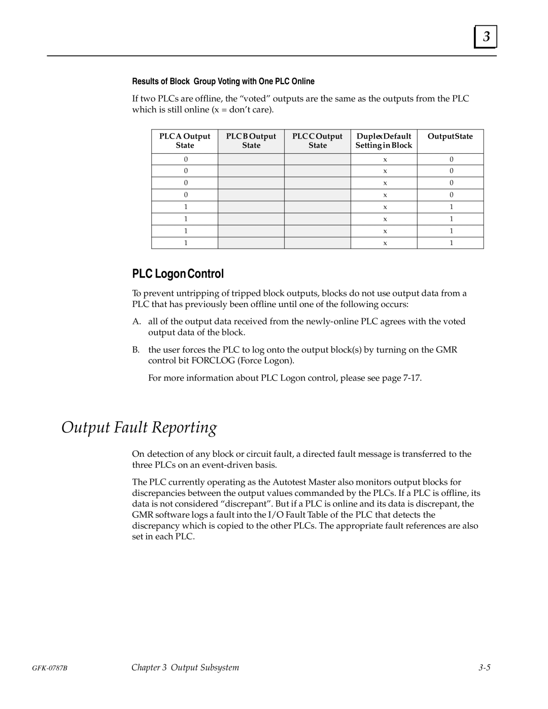 GE GFK-0787B user manual Output Fault Reporting, PLC Logon Control 