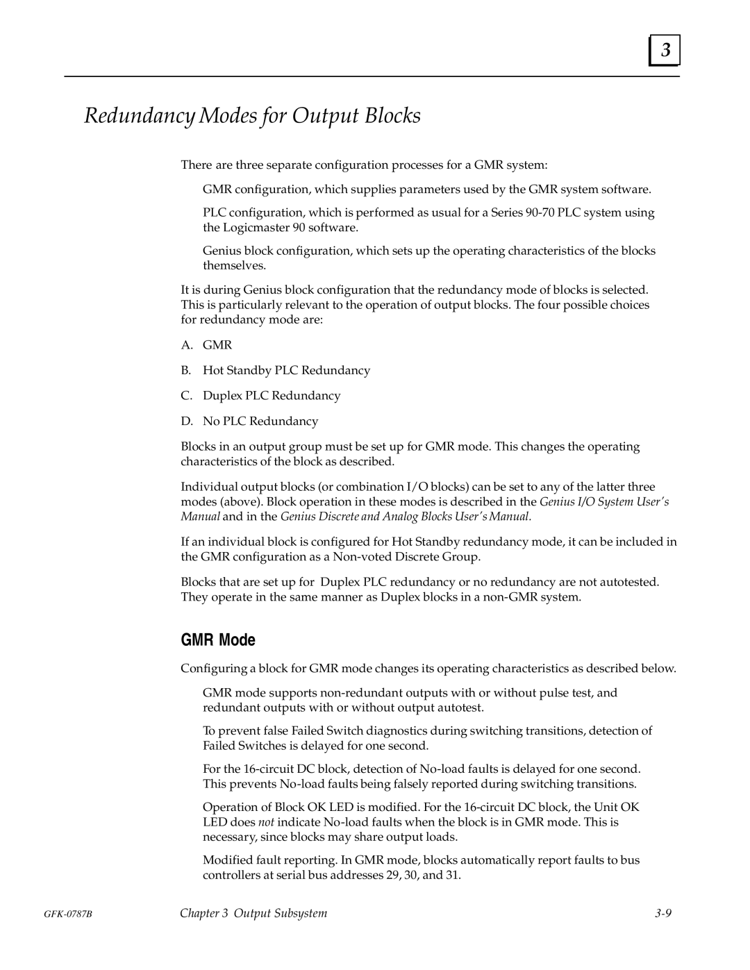 GE GFK-0787B user manual Redundancy Modes for Output Blocks, GMR Mode 