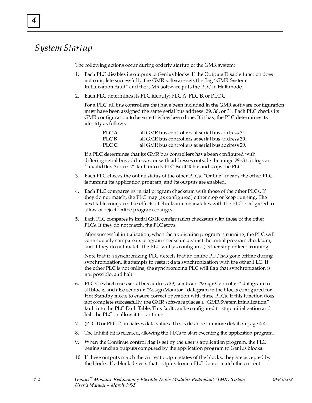 GE GFK-0787B user manual System Startup, All GMR bus controllers at serial bus address 