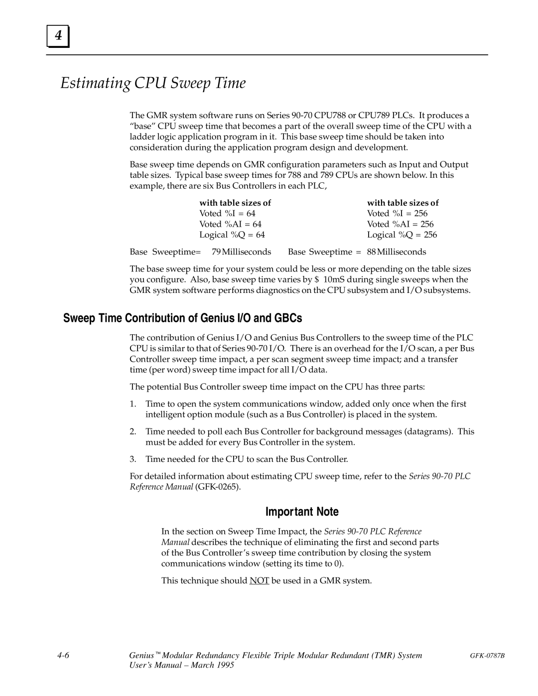 GE GFK-0787B user manual Estimating CPU Sweep Time, Sweep Time Contribution of Genius I/O and GBCs, Important Note 