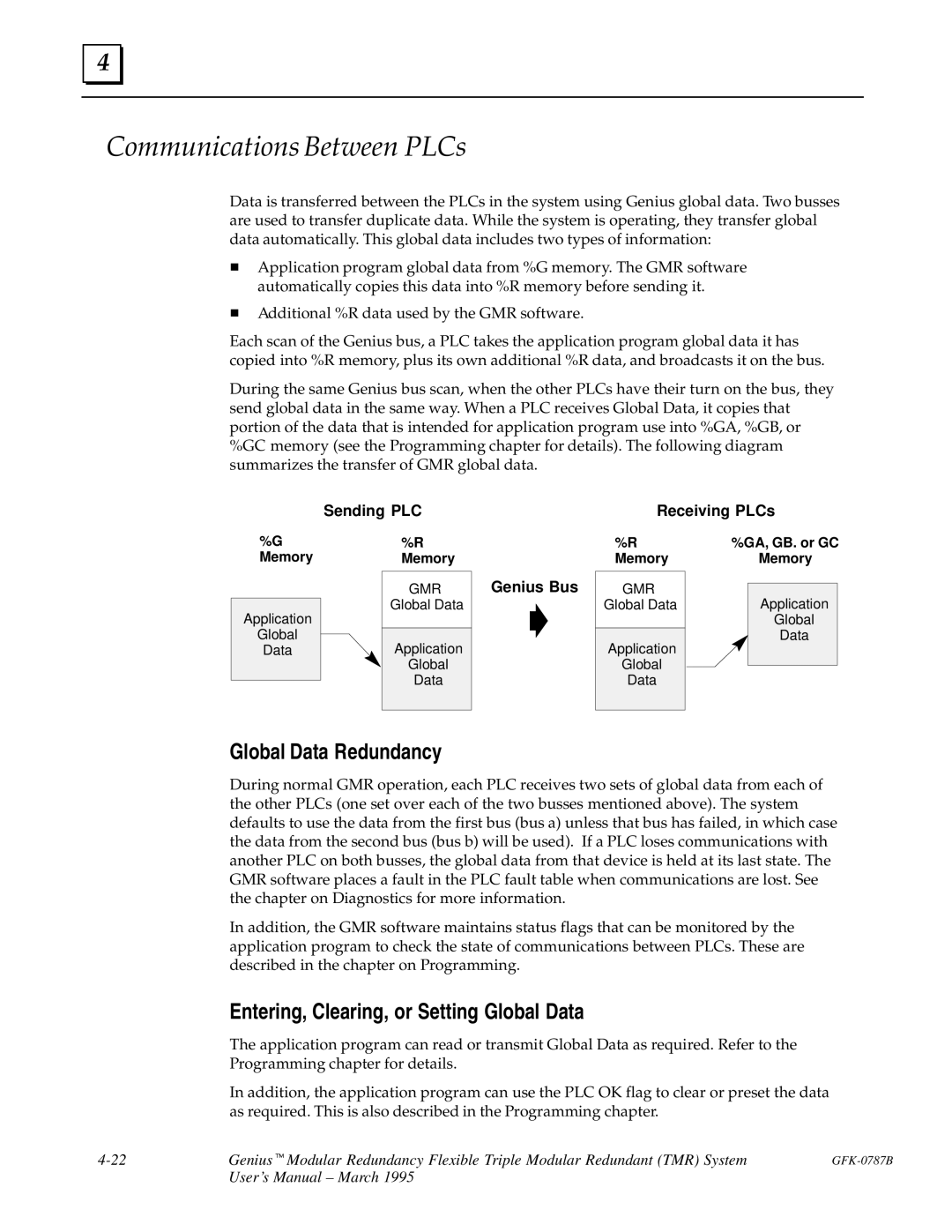 GE GFK-0787B user manual Communications Between PLCs, Global Data Redundancy, Entering, Clearing, or Setting Global Data 