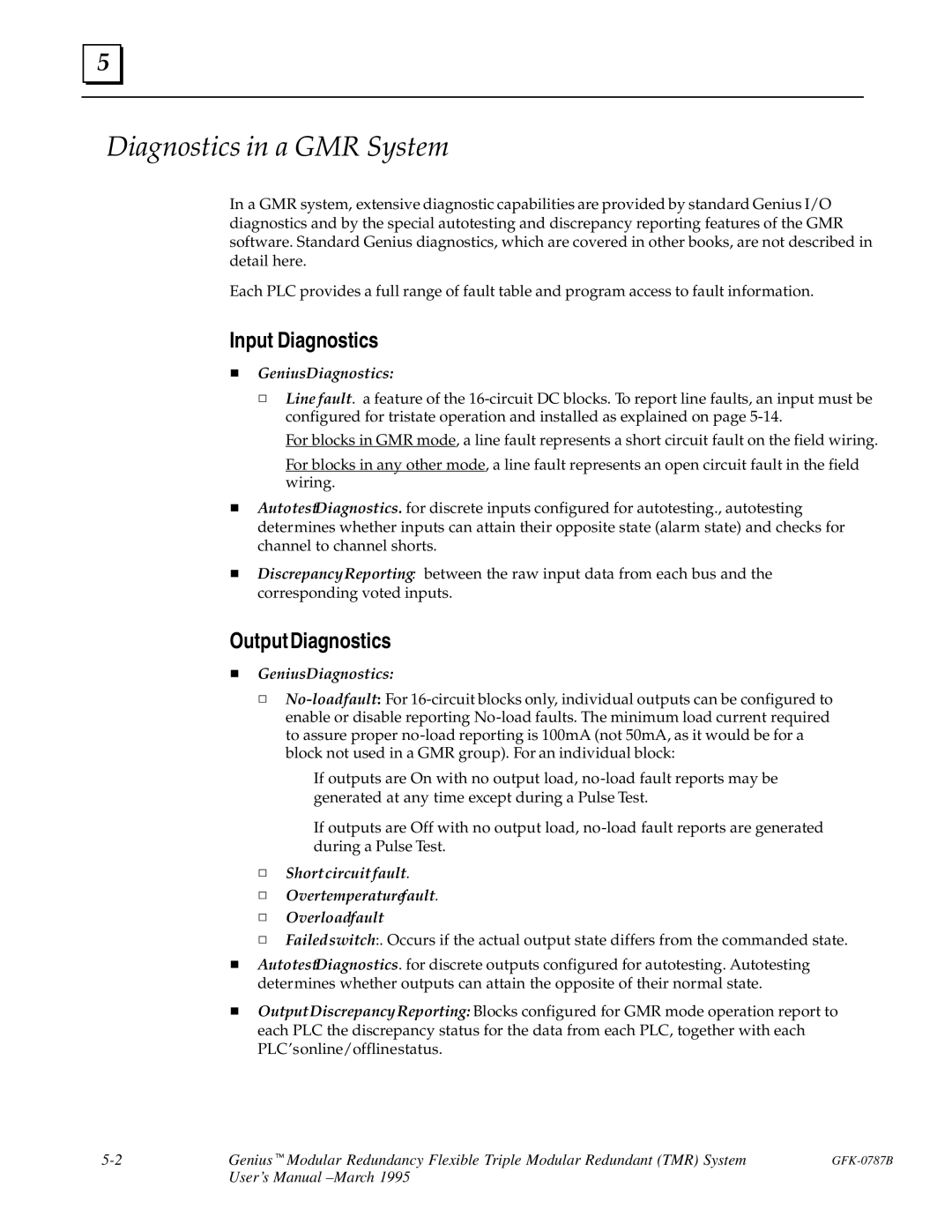 GE GFK-0787B user manual Diagnostics in a GMR System, Input Diagnostics, Output Diagnostics 