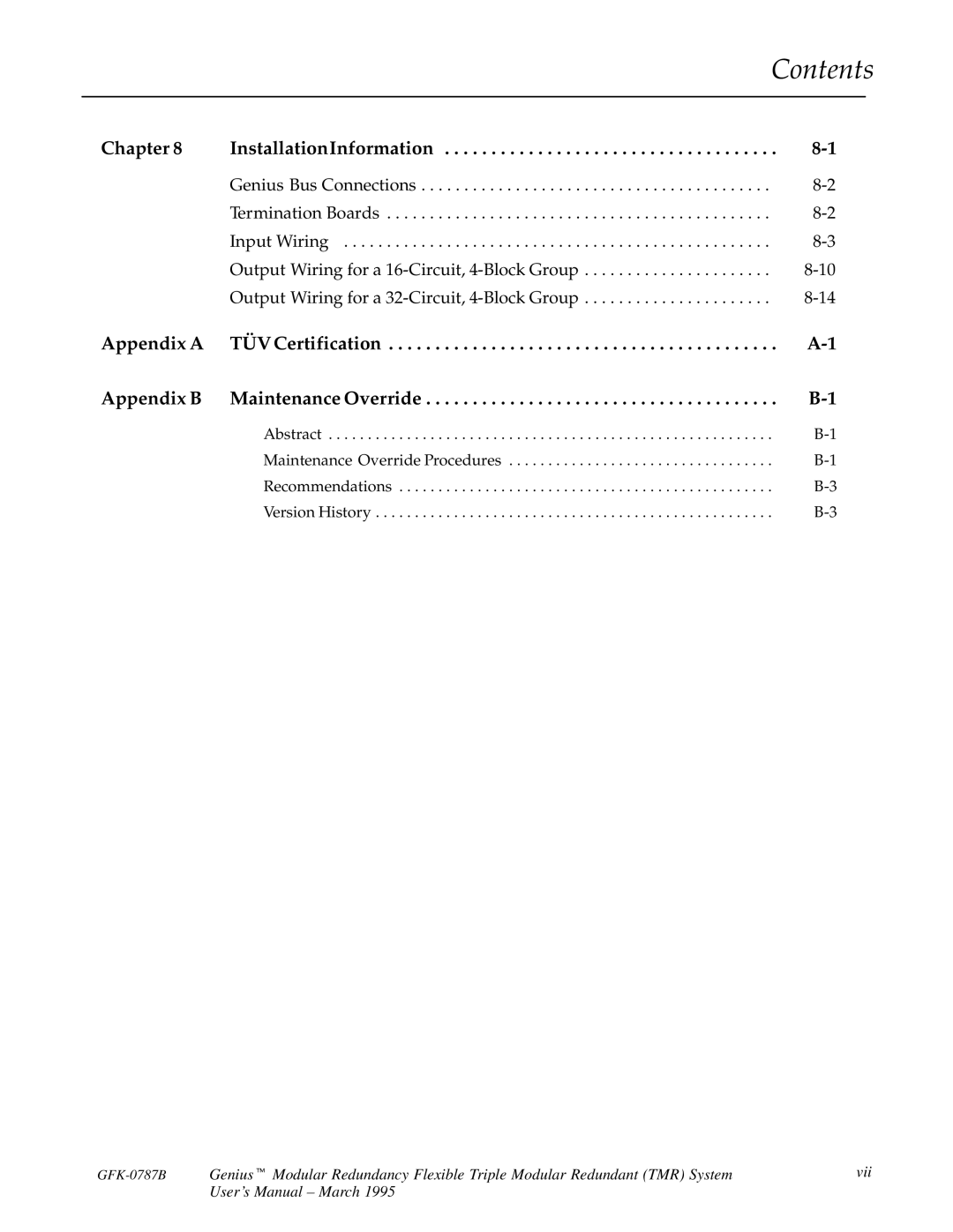 GE GFK-0787B user manual Appendix a TÜV Certification Appendix B Maintenance Override 