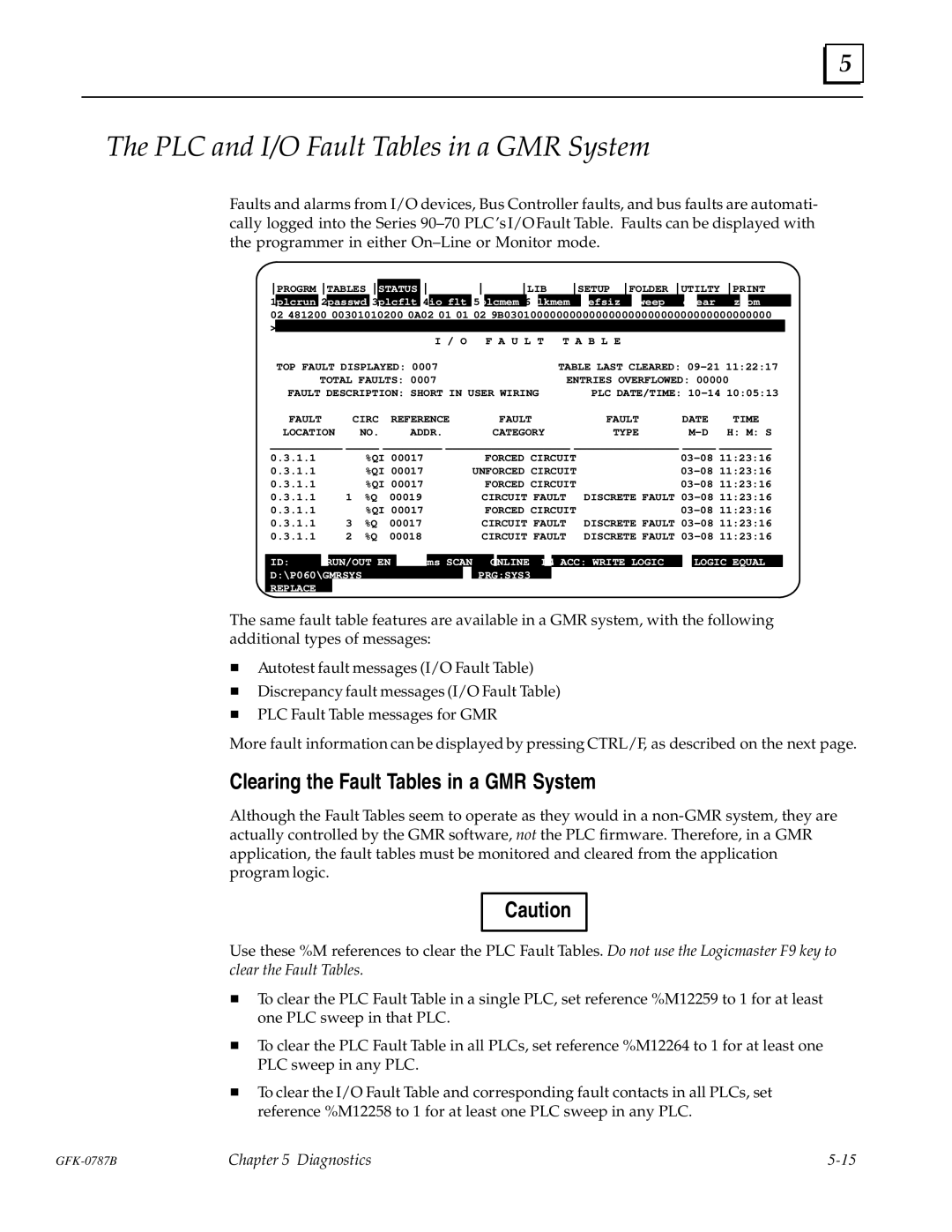 GE GFK-0787B user manual PLC and I/O Fault Tables in a GMR System, Clearing the Fault Tables in a GMR System 