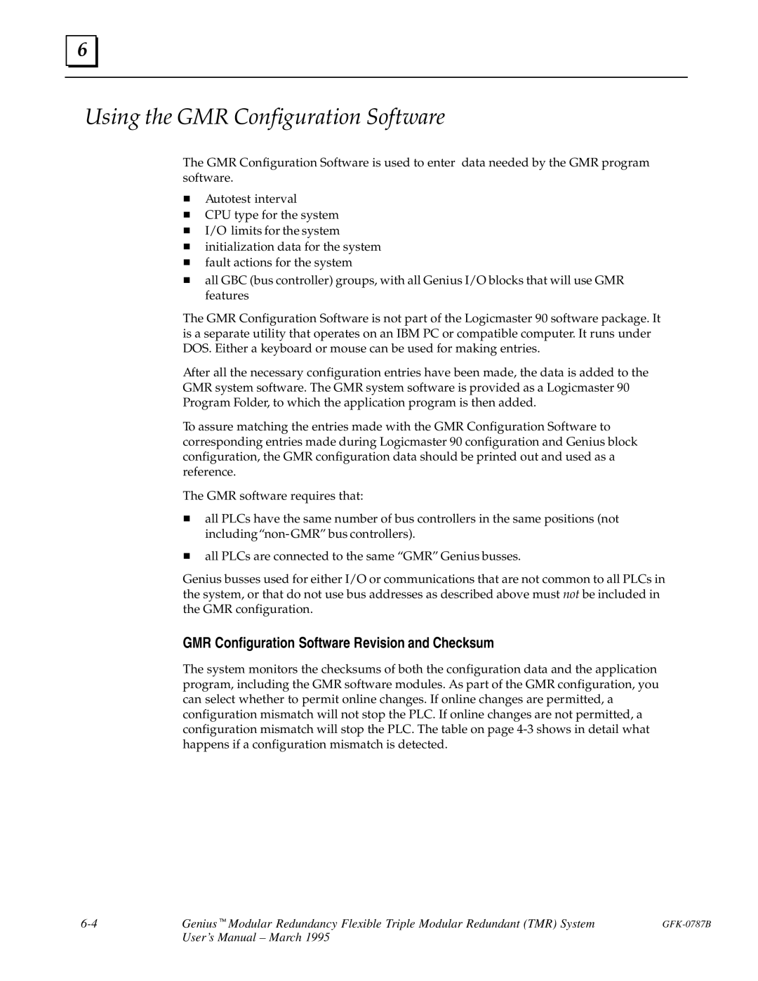 GE GFK-0787B user manual Using the GMR Configuration Software, GMR Configuration Software Revision and Checksum 