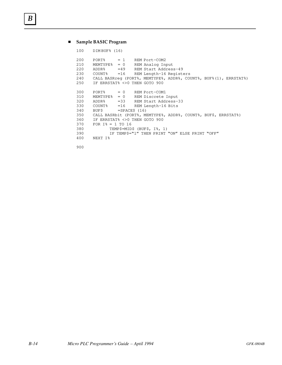 GE GFK-0804B manual Sample Basic Program 