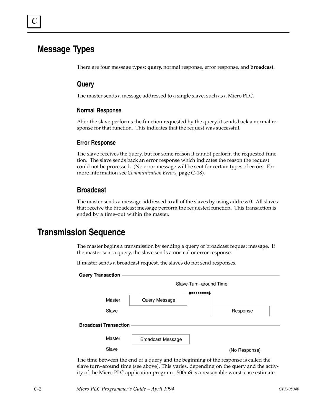 GE GFK-0804B manual Message Types, Transmission Sequence, Query, Broadcast 