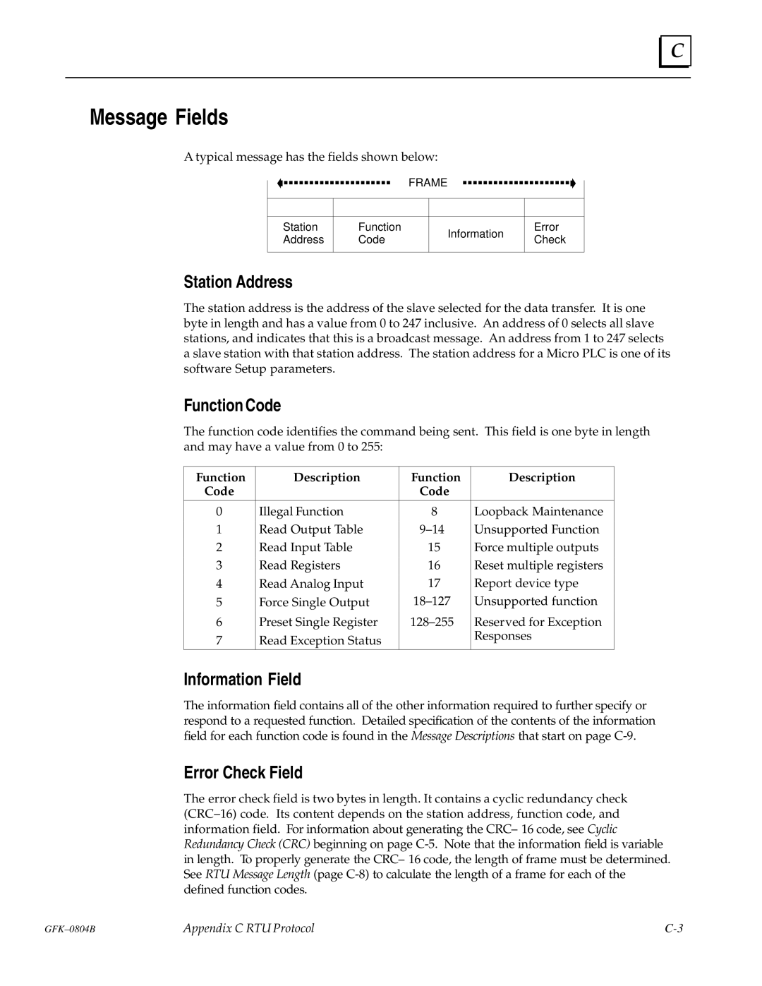 GE GFK-0804B manual Message Fields, Station Address, Function Code, Information Field, Error Check Field 