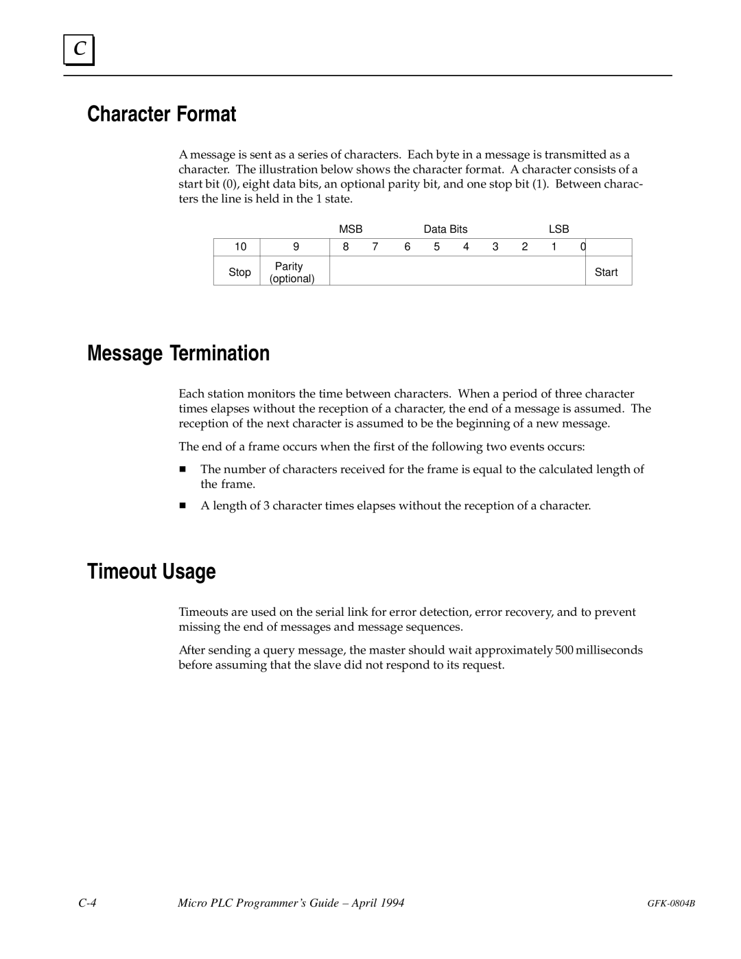 GE GFK-0804B manual Character Format, Message Termination, Timeout Usage 