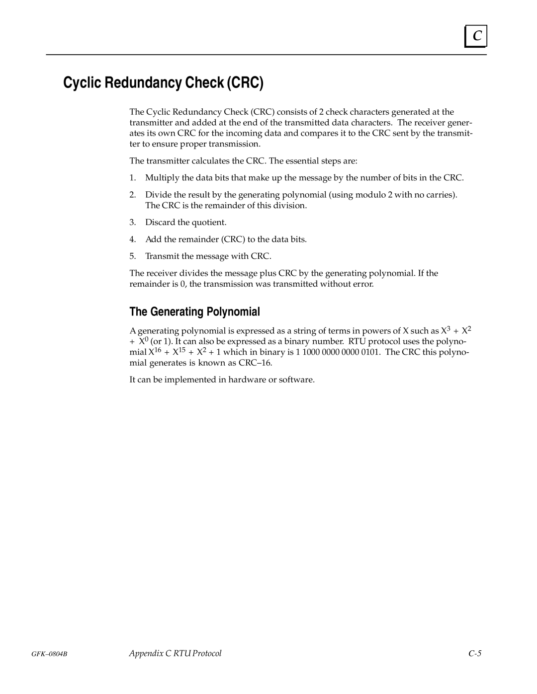 GE GFK-0804B manual Cyclic Redundancy Check CRC, Generating Polynomial 