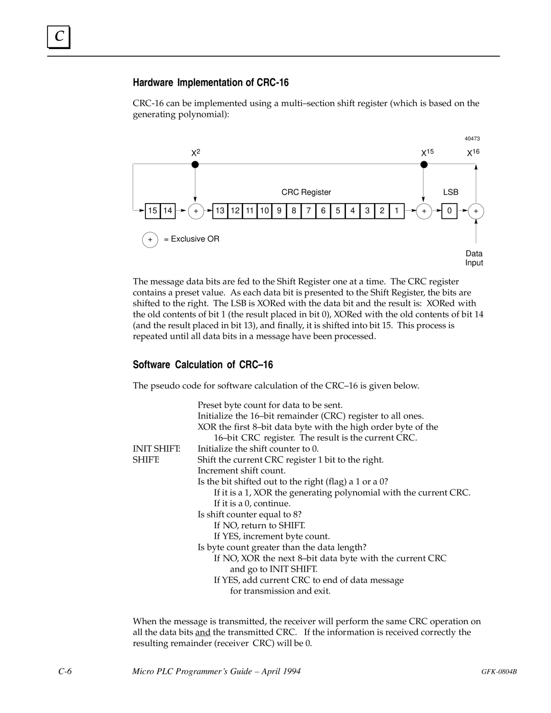 GE GFK-0804B manual Hardware Implementation of CRC-16, Software Calculation of CRC±16 