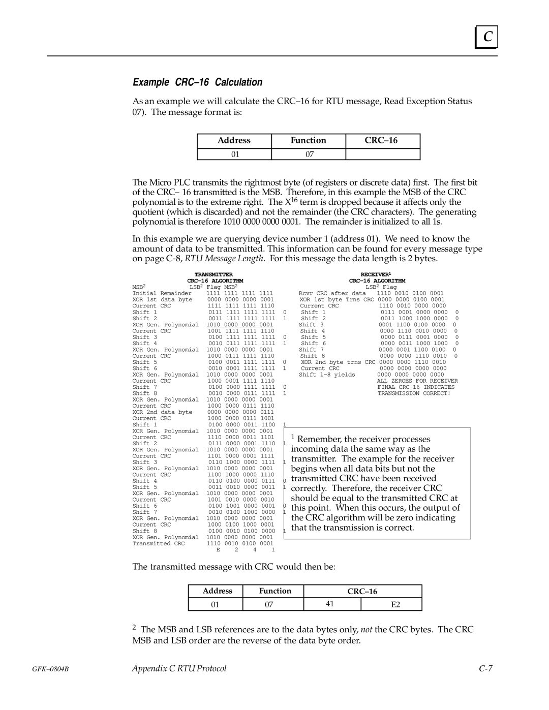 GE GFK-0804B manual Example CRC±16 Calculation, Address Function CRC±16 