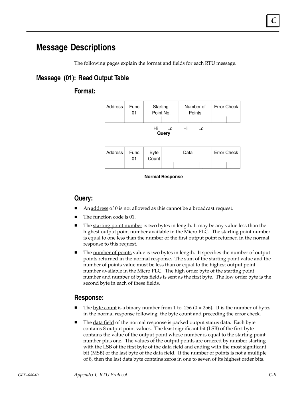 GE GFK-0804B manual Message Descriptions, Message 01 Read Output Table Format, Response 