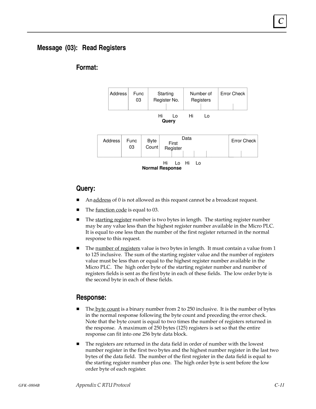 GE GFK-0804B manual Message 03 Read Registers Format 