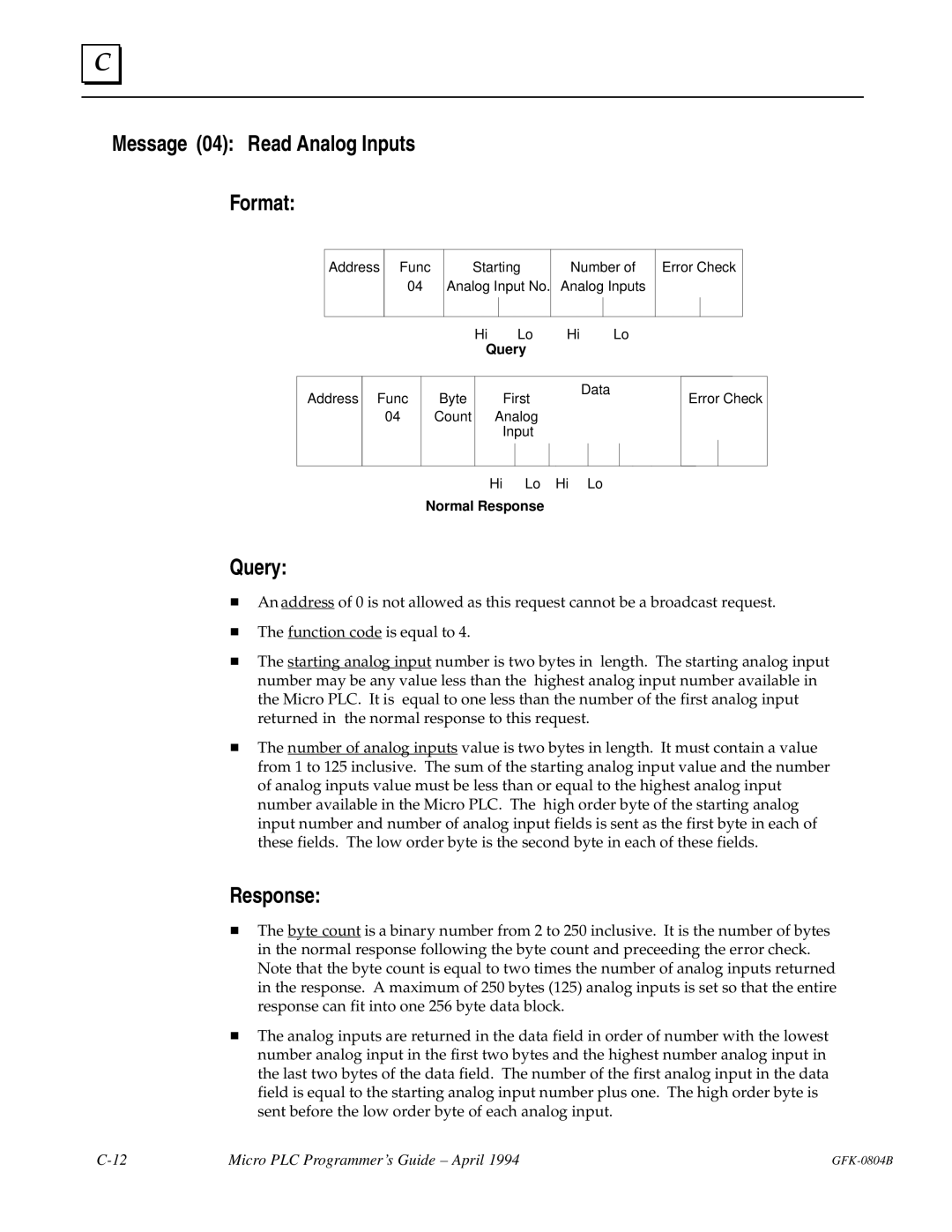 GE GFK-0804B manual Message 04 Read Analog Inputs Format 