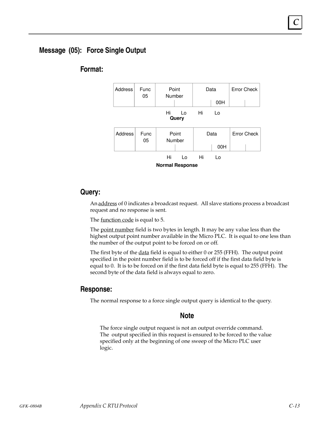 GE GFK-0804B manual Message 05 Force Single Output Format 