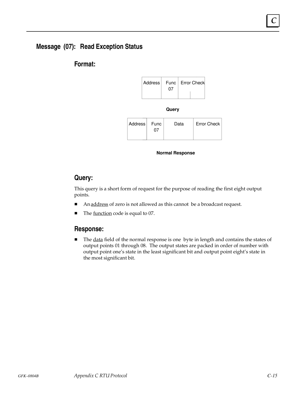 GE GFK-0804B manual Message 07 Read Exception Status Format 