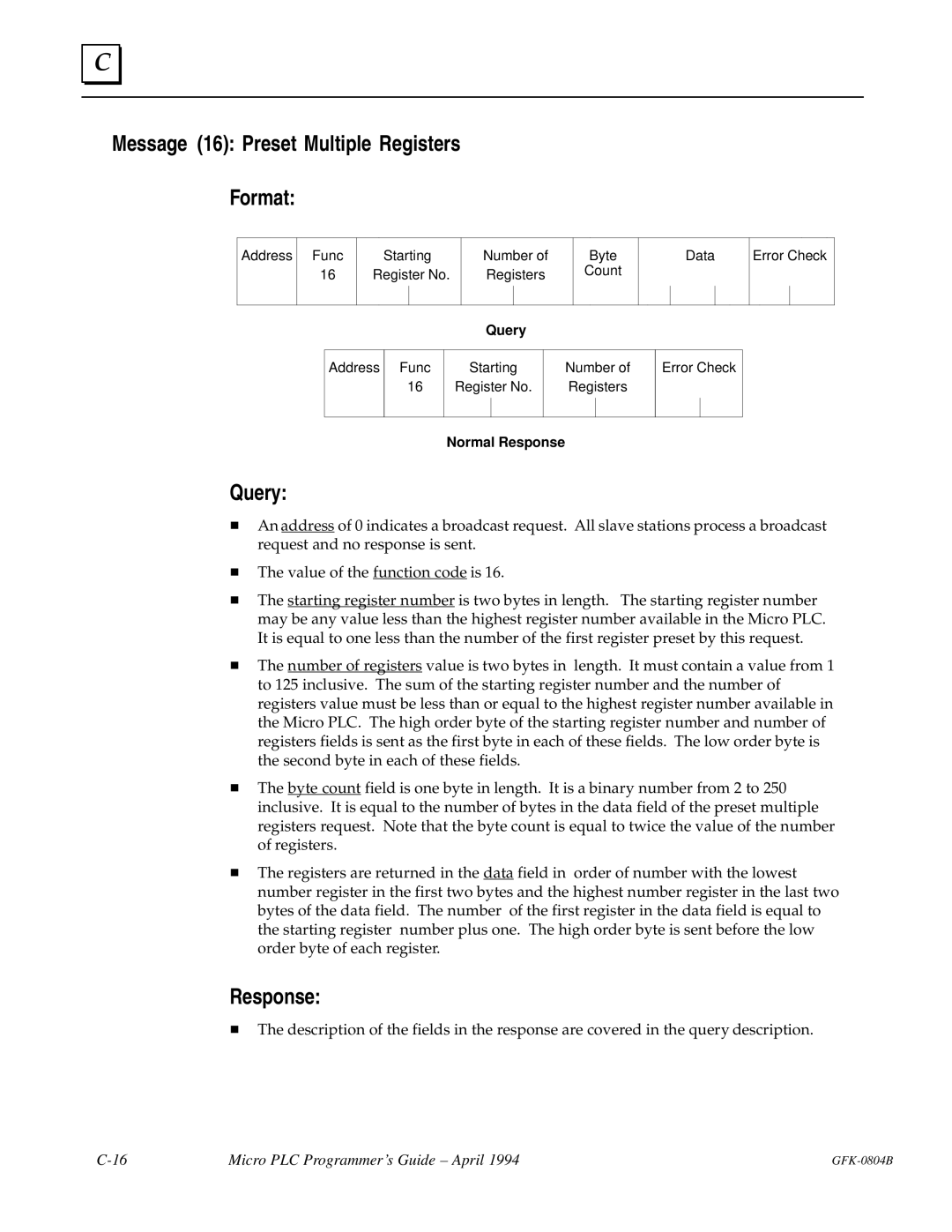 GE GFK-0804B manual Message 16 Preset Multiple Registers Format 