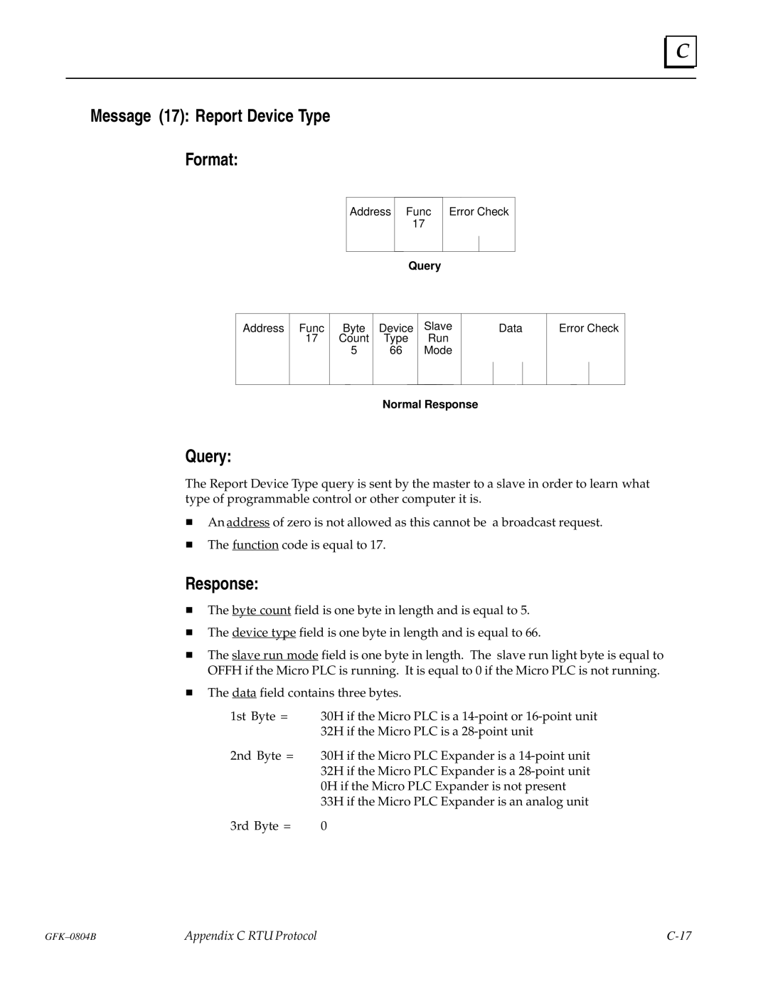 GE GFK-0804B manual Message 17 Report Device Type Format 