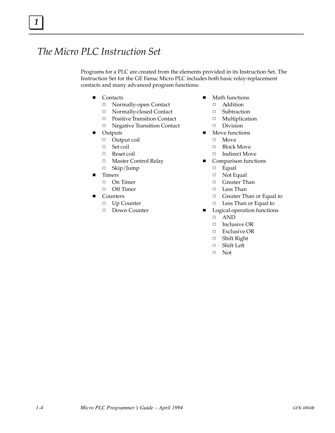 GE GFK-0804B manual Micro PLC Instruction Set 