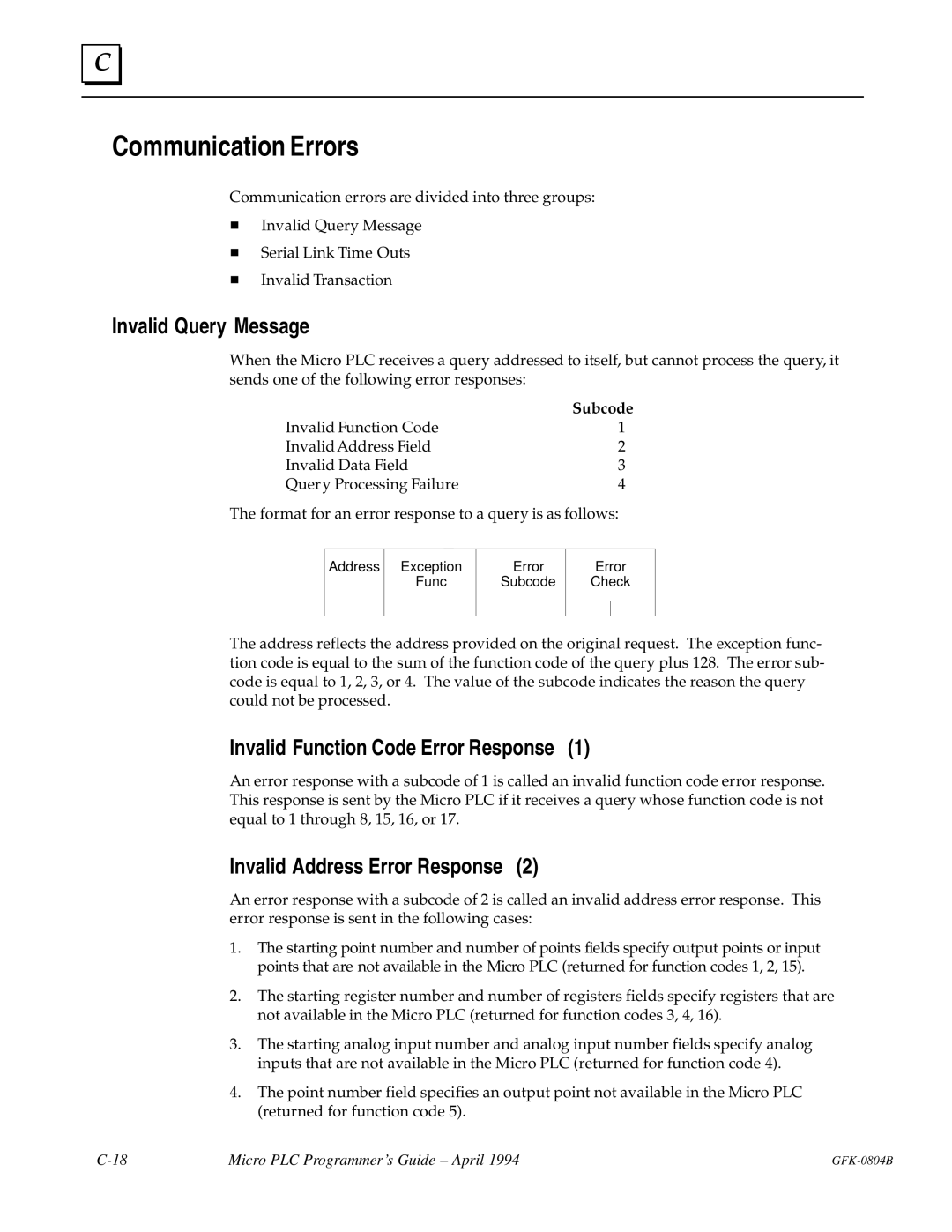 GE GFK-0804B manual Communication Errors, Invalid Query Message, Invalid Function Code Error Response, Subcode 