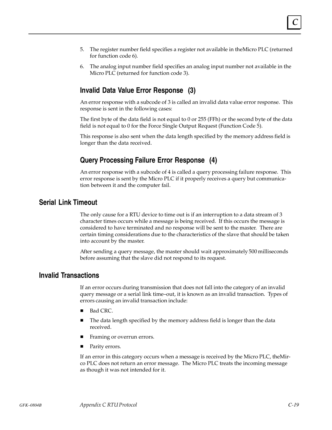 GE GFK-0804B manual Invalid Data Value Error Response, Query Processing Failure Error Response, Serial Link Timeout 