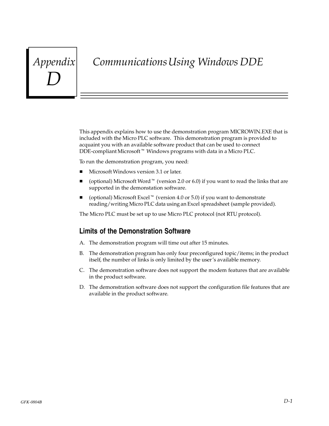 GE GFK-0804B manual Appendix Communications Using Windows DDE, Limits of the Demonstration Software 