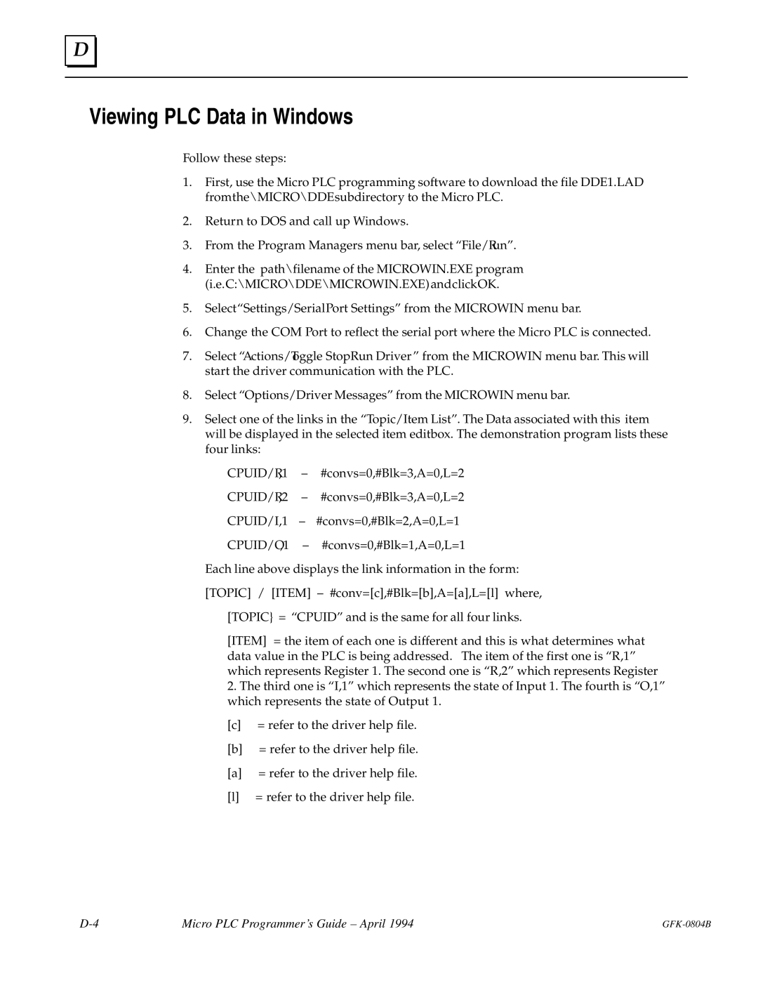 GE GFK-0804B manual Viewing PLC Data in Windows 