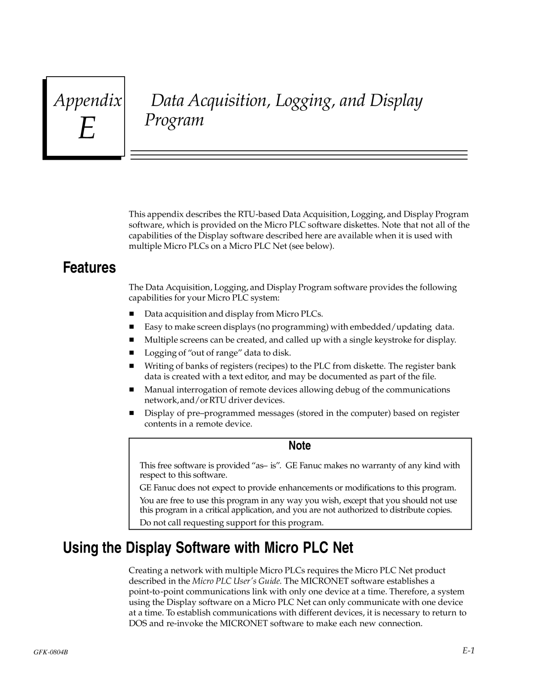 GE GFK-0804B manual Features, Using the Display Software with Micro PLC Net 