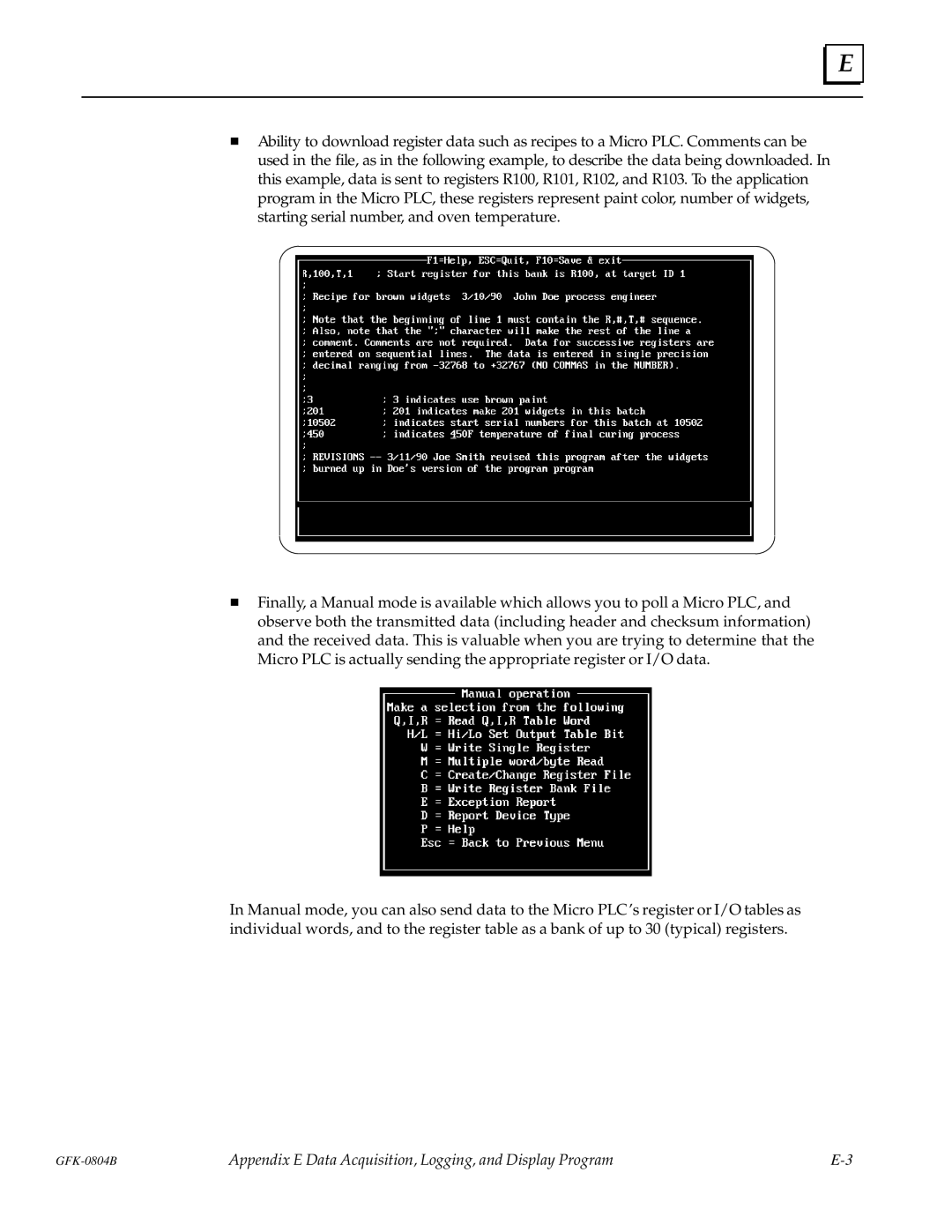 GE GFK-0804B manual Appendix E Data Acquisition, Logging, and Display Program 