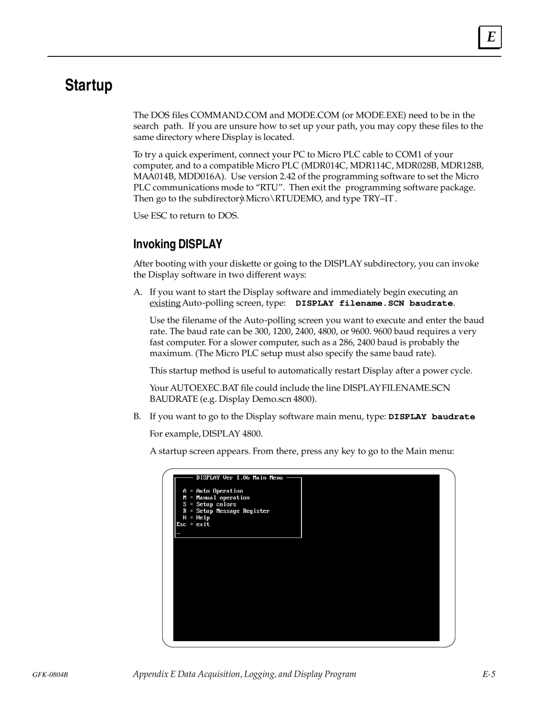 GE GFK-0804B manual Startup, Invoking Display 