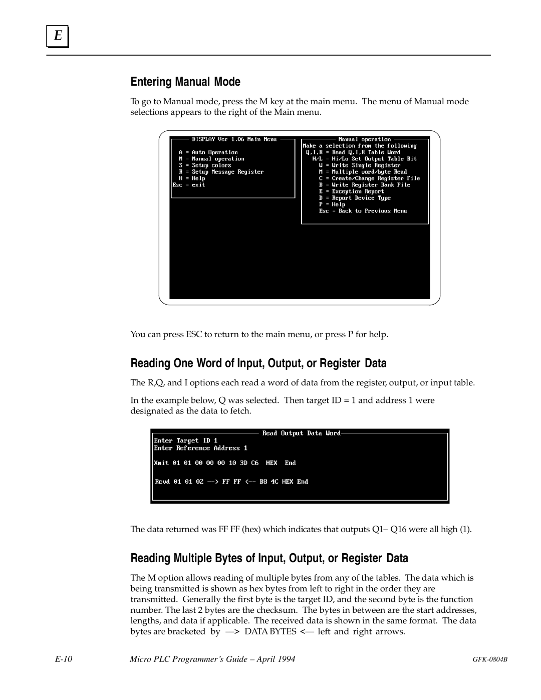 GE GFK-0804B manual Entering Manual Mode, Reading One Word of Input, Output, or Register Data 