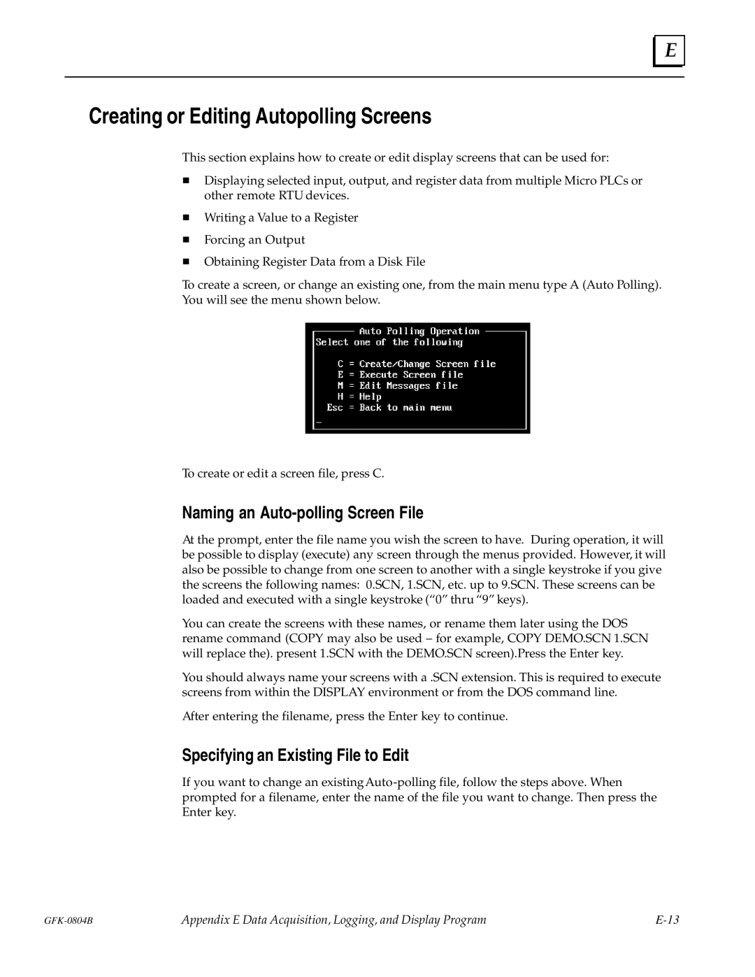 GE GFK-0804B manual Creating or Editing Autopolling Screens, Naming an Auto-polling Screen File 