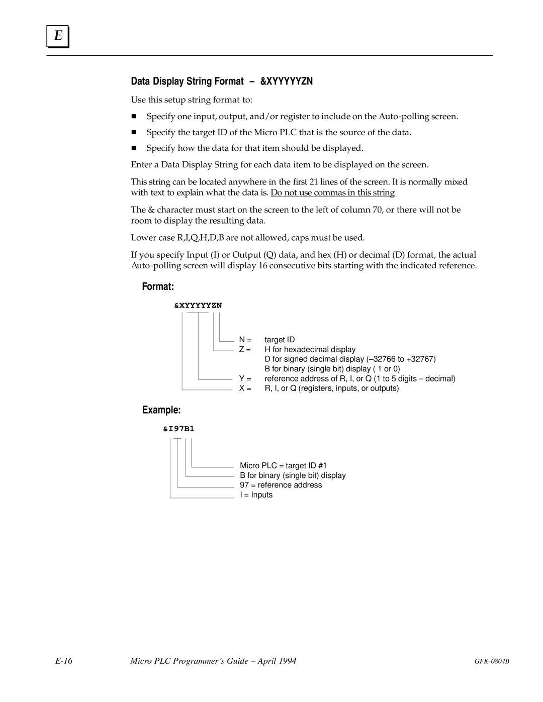 GE GFK-0804B manual Data Display String Format ± &XYYYYYZN, Example 