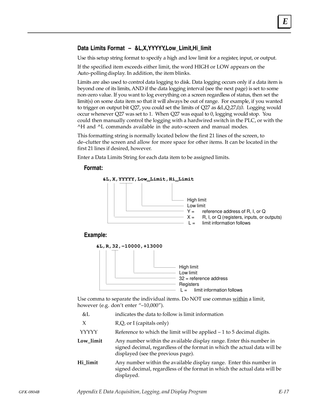 GE GFK-0804B manual Data Limits Format ± &L,X,YYYYY,LowLimit,Hilimit 