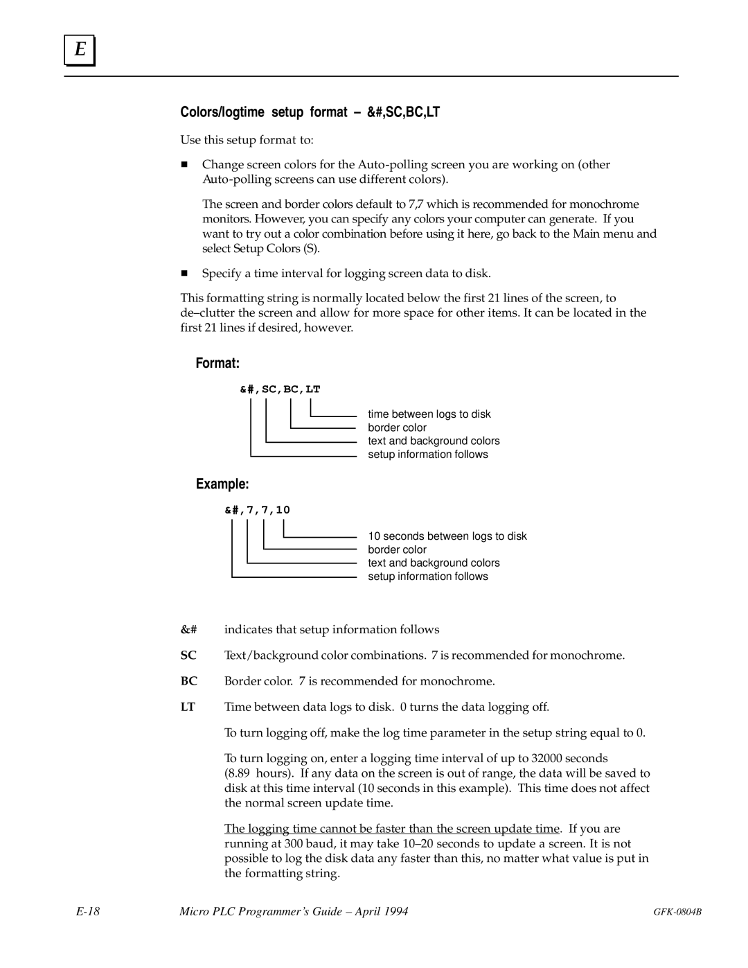 GE GFK-0804B manual Colors/logtime setup format ± &#,SC,BC,LT, #,Sc,Bc,Lt 