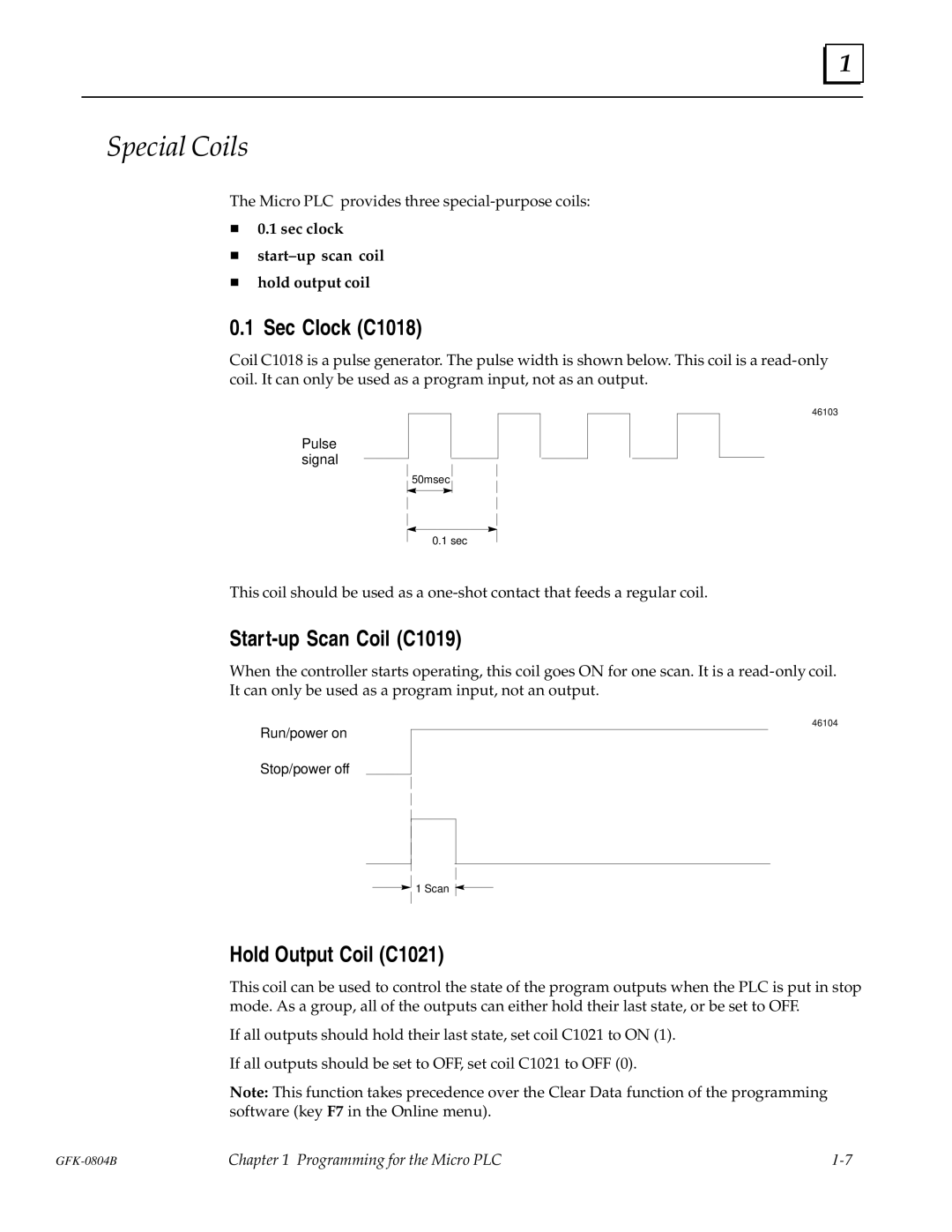 GE GFK-0804B manual Special Coils, Sec Clock C1018, Start-up Scan Coil C1019, Hold Output Coil C1021 