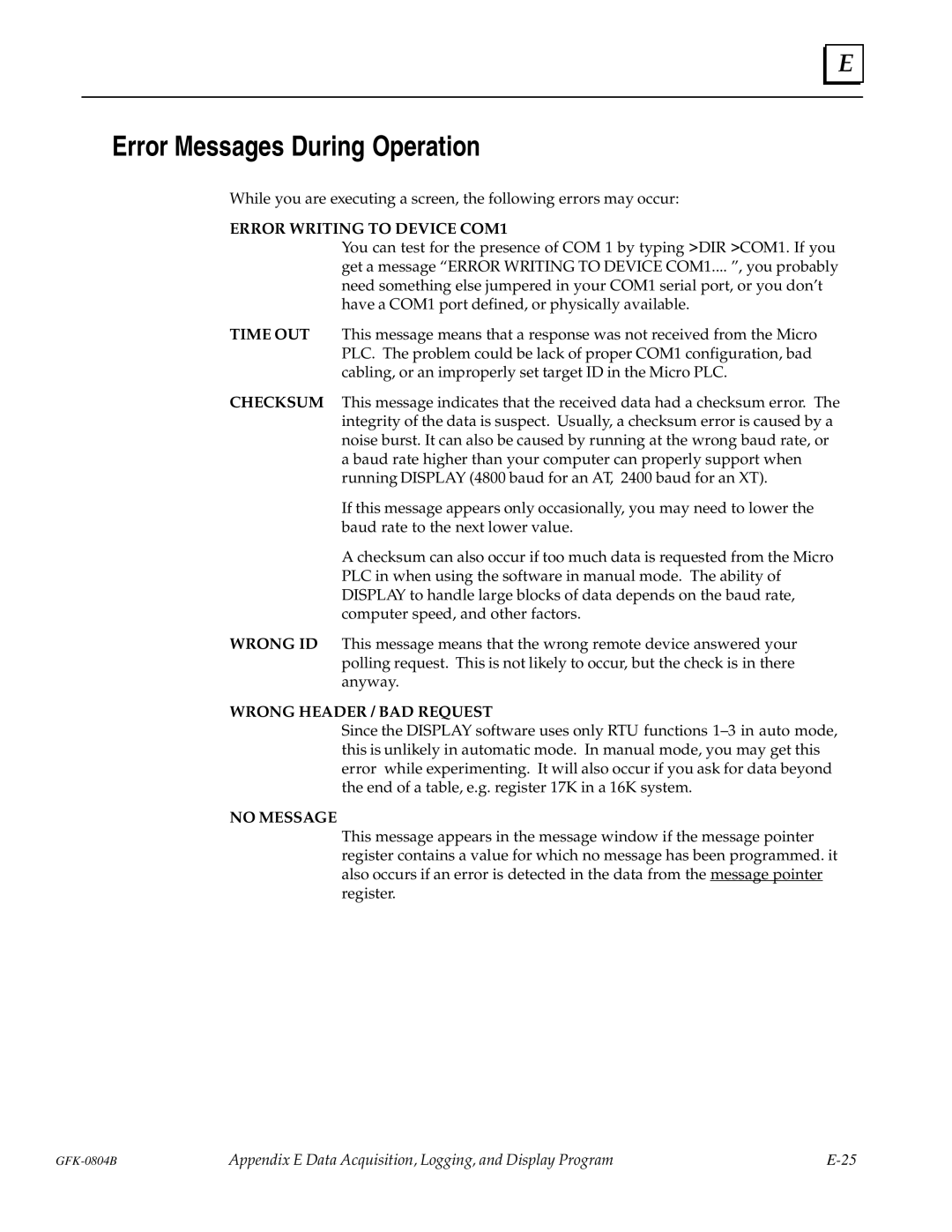 GE GFK-0804B manual Error Messages During Operation, Error Writing to Device COM1 