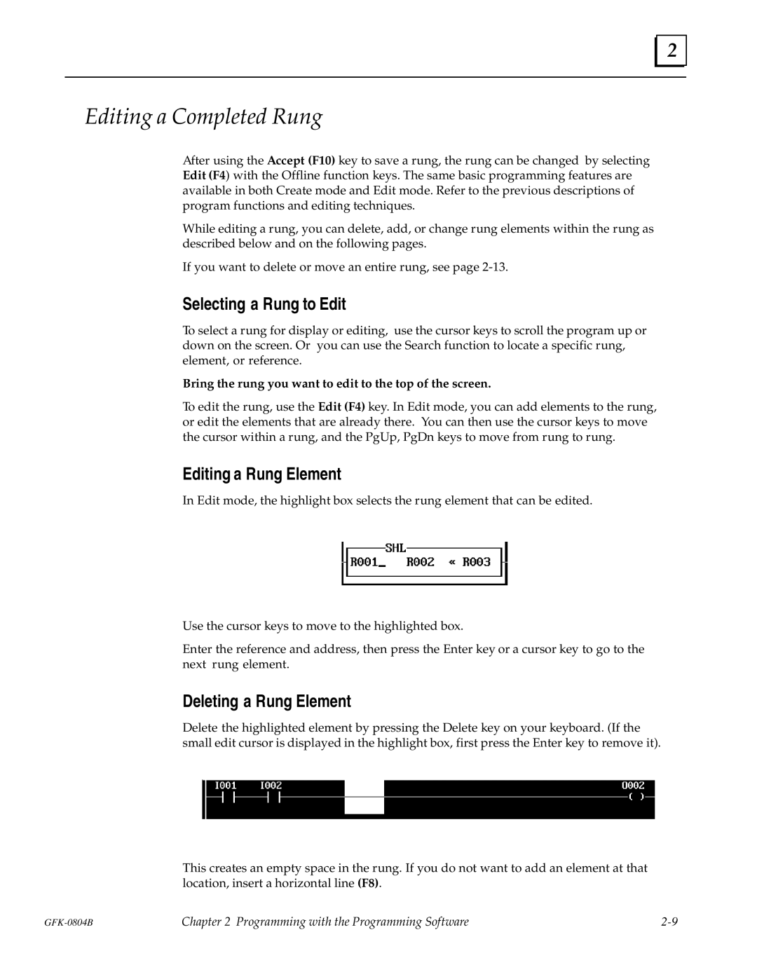 GE GFK-0804B manual Editing a Completed Rung, Selecting a Rung to Edit, Editing a Rung Element, Deleting a Rung Element 