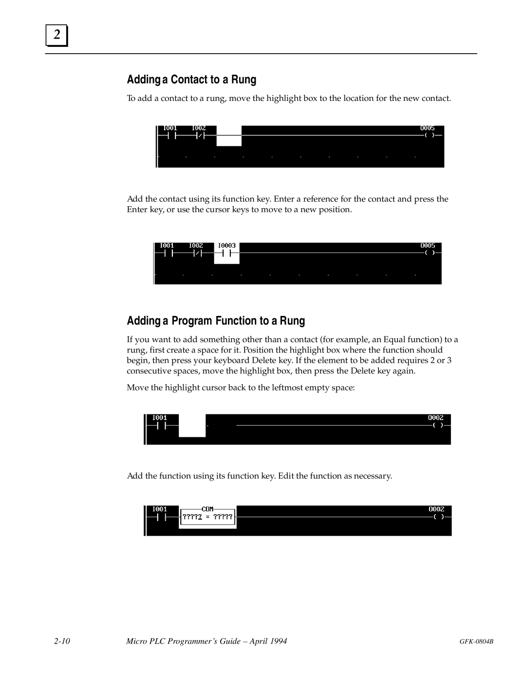 GE GFK-0804B manual Adding a Contact to a Rung, Adding a Program Function to a Rung 