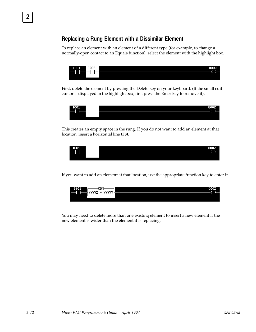 GE GFK-0804B manual Replacing a Rung Element with a Dissimilar Element 